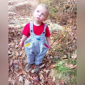 VTG 70s cotton overalls red blue pin stripes bibs  2T raggedy Ann unisex KIDOKO